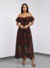 Plus Size Rose Flower Print Ruched Split A Line Dress -  