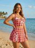 Maillot de bain tankini grande taille à carreaux, imprimé cœur, dos nu, nœud papillon et jupe lacée. - Rouge 3X | US 22-24