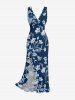 Flowers Leaf Print Hawaii Ruffles Split Surplice Dress -  