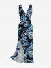 Tropical Leaf Hibiscus Flower Print Hawaii Ruffles Split Dress - Bleu S