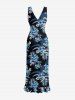 Tropical Leaf Hibiscus Flower Print Hawaii Ruffles Split Dress - Bleu S