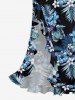 Tropical Leaf Hibiscus Flower Print Hawaii Ruffles Split Dress - Bleu S