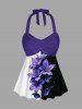 Flower Leaf Print Hawaii Twist Halter Backless Boyleg Tankini Swimsuit -  