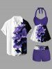 Flower Leaf Print Hawaii Twist Halter Backless Boyleg Tankini Swimsuit -  