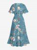 Plus Size Flowers Leaf Print Split Hawaii Midi Dress -  