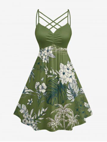 Plus Size Coconut Tree Flower Tropical Leaf Print Ruched Lattice Crisscross Straps Hawaii Dress - PLANT GREEN - XXS