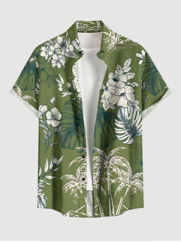 Plus Size Coconut Tree Flower Tropical Leaf Print Buttons Pocket Hawaii Shirt For Men