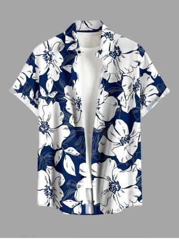 Plus Size Flowers Leaf Print Buttons Pocket Hawaii Shirt For Men - BLUE - 5XL
