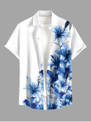 Plus Size Flowers Print Buttons Pocket Hawaii Shirt For Men - BLUE - 5XL