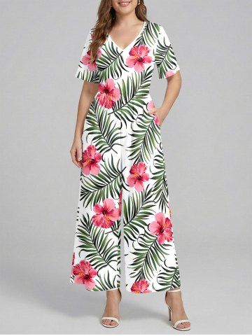 Hibiscus Flowers Tropical Leaf Print V Neck Hawaii Wide Leg Jumpsuit - LIGHT GREEN - XS