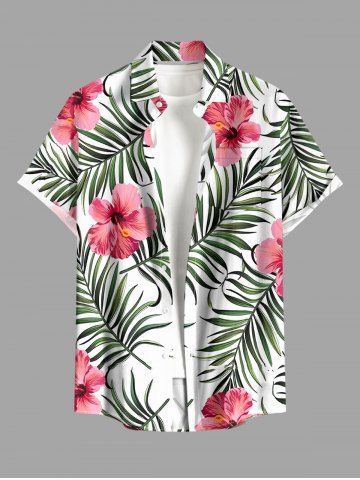 Plus Size Hibiscus Flower Tropical Leaf Print Buttons Pocket Hawaii Shirt For Men