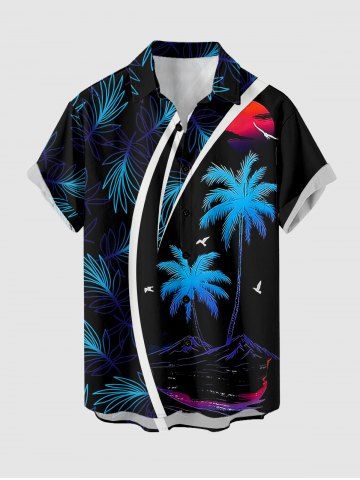 Plus Size Coconut Tree Tropical Leaf Sun Sea Waves Print Buttons Pocket Hawaii Shirt For Men - BLACK - 3XL