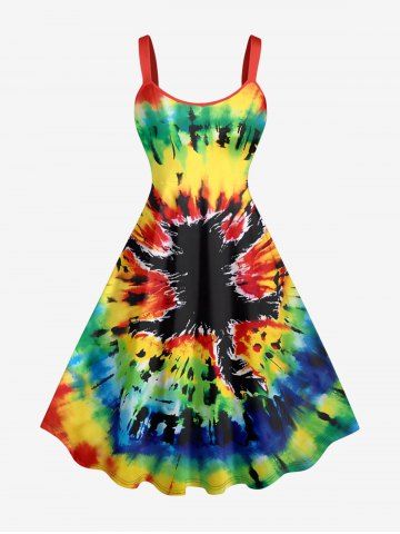 Plus Size Spiral Tie Dye Cat Print Hawaii Tank Dress - GREEN - XXS