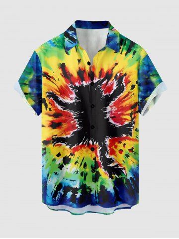 Plus Size Spiral Tie Dye Cat Print Buttons Pocket Hawaii Shirt For Men - GREEN - M