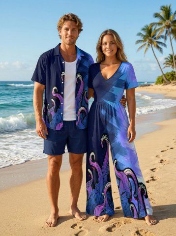 Octopus Brush Painting Print Matching Hawaii Beach Outfit For Couples - DEEP BLUE