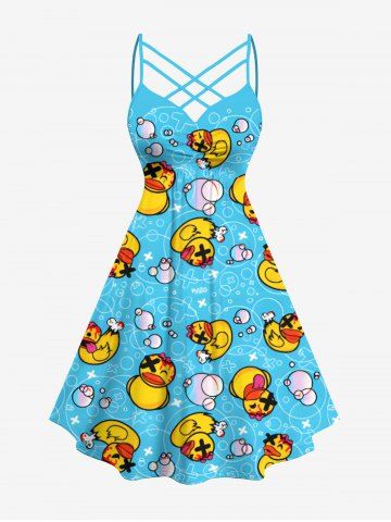 Plus Size Ducks Bubble Print Ruched Lattice Crisscross Straps Hawaii Dress - LAKE BLUE - XS