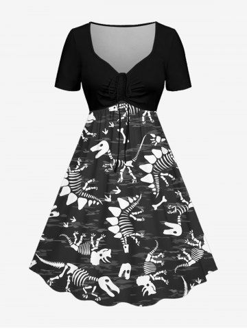 Plus Size Dinosaur Skeleton Print Cinched Hawaii Dress - BLACK - XS