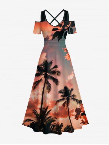Plus Size Coconut Tree Ombre Sky Print Hawaii Cold Shoulder Crisscross A Line Maxi Dress - CORAL PINK - XXS