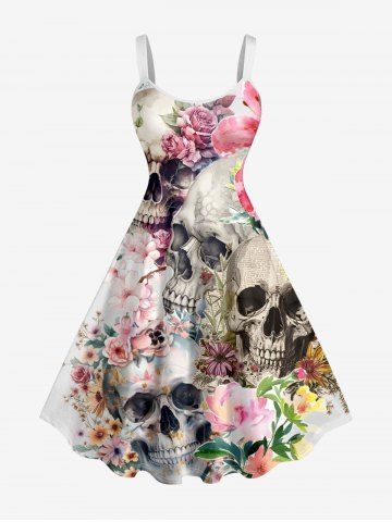 Plus Size Skulls Newspaper Flower Print Hawaii A Line Dress - PINK - 2X