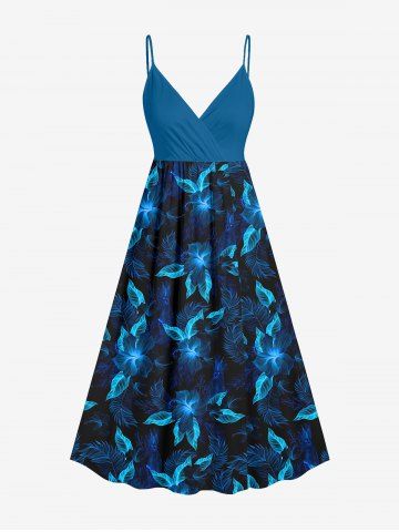 Plus Size Hibiscus Flowers Leaf Print Surplice Hawaii Cami Dress - MIDNIGHT BLUE - XXS