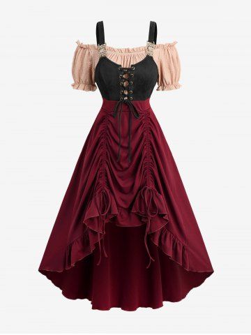 Plus Size Medieval Renaissance Peasant Corset Lace Up Dress Tavern Maid Costume - DEEP RED - 5X