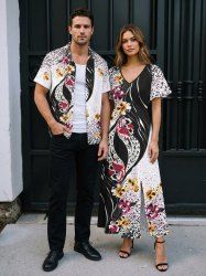 Flowers Leaf Colorblock Leopard Print Matching Hawaii Beach Outfit For Couples -  