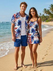 Patriotic American Flag Flowers Paint Splatter Print Matching Outfit For Couples - Rouge 