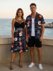 Coconut Tree Hibiscus Flower Print Plus Size Matching Hawaii Beach Outfit For Couples -  