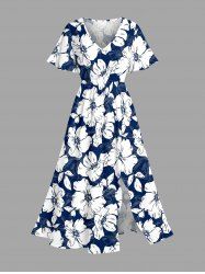 Flowers Leaf Print Split Hawaii Midi Dress -  