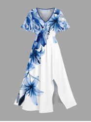 Plus Size Flowers Print Split Hawaii Midi Dress -  