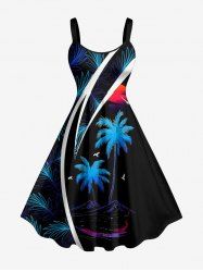 Coconut Tree Tropical Leaf Sun Sea Waves Print Hawaii Tank Dress - Noir XXS