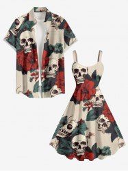 Skulls Leaf Flower Print Matching Hawaii Beach Outfit For Couples -  