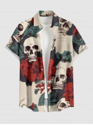 Skulls Leaf Flower Print Hawaii Button Pocket Shirt For Men -  
