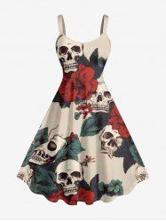 Plus Size Skulls Leaf Flower Print Hawaii A Line Dress -  