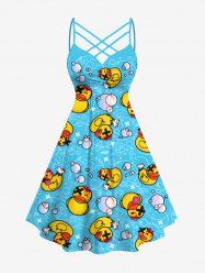Plus Size Ducks Bubble Print Ruched Lattice Crisscross Straps Hawaii Dress -  