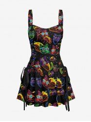 Galaxy Cat Hot Dog Print Lace Up Hawaii Tank Dress -  