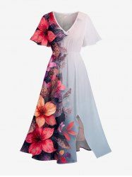 Plus Size Flower Leaf Ombre Print Hawaii Split Pocket A Line Midi Dress -  
