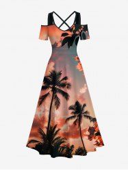 Plus Size Coconut Tree Ombre Sky Print Hawaii Cold Shoulder Crisscross A Line Maxi Dress - CORAL ROSE 5X