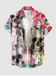 Skulls Newspaper Flower Print Hawaii Button Pocket Shirt For Men - Rose  2XL