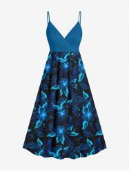 Hibiscus Flowers Leaf Print Surplice Hawaii Cami Dress - Bleu de Minuit 1X