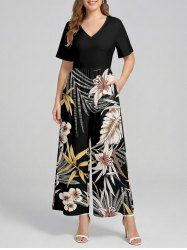 Tropical Leaf Flower Print Hawaii Wide Leg Jumpsuit -  
