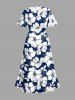 Flowers Leaf Print Split Hawaii Midi Dress - Bleu L