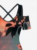 Plus Size Coconut Tree Ombre Sky Print Hawaii Cold Shoulder Crisscross A Line Maxi Dress - CORAL ROSE 5X
