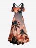 Plus Size Coconut Tree Ombre Sky Print Hawaii Cold Shoulder Crisscross A Line Maxi Dress - CORAL ROSE 5X