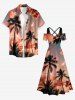 Plus Size Coconut Tree Ombre Sky Print Hawaii Cold Shoulder Crisscross A Line Maxi Dress - CORAL ROSE 5X