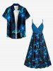 Hibiscus Flowers Leaf Print Surplice Hawaii Cami Dress - Bleu de Minuit 1X