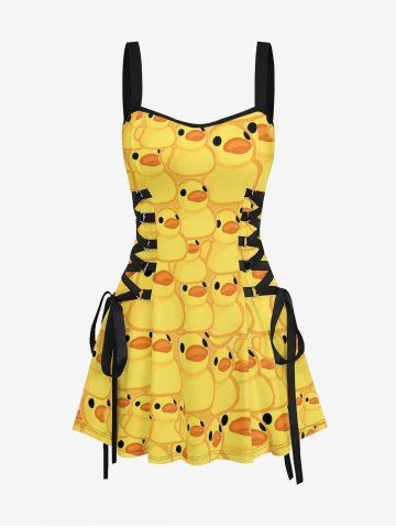 Cute Duck Print Hawaii Lace Up A Line Dress - YELLOW - XS