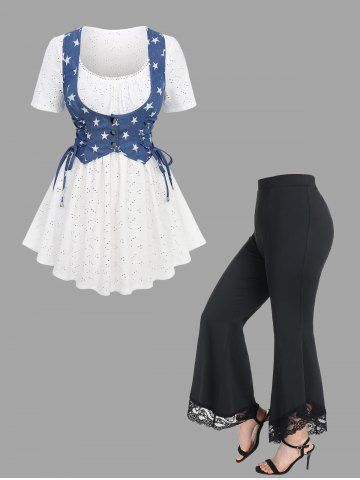 Star Print Lace-up Hollow Out 2 In 1 Top and Lace Panel High Waisted Flare Pants Plus Size Outfit - WHITE