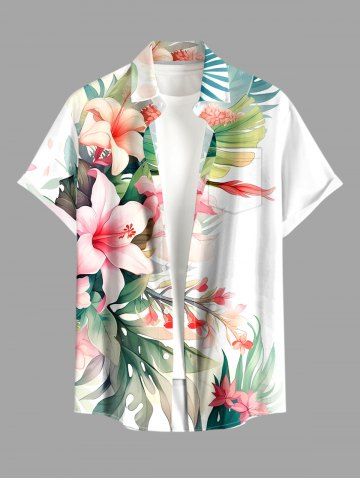 Plus Size Flowers Leaf Tropical Print Buttons Pocket Hawaii Shirt For Men - WHITE - XL