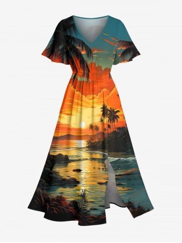 Plus Size Coconut Tree Sun Cloud Seascape Print Split Hawaii Midi Dress - ORANGE - M